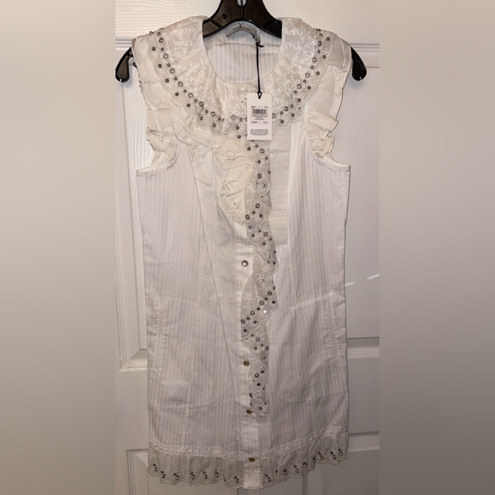 Coach White Mini Dress with Ruffle & Silver Details